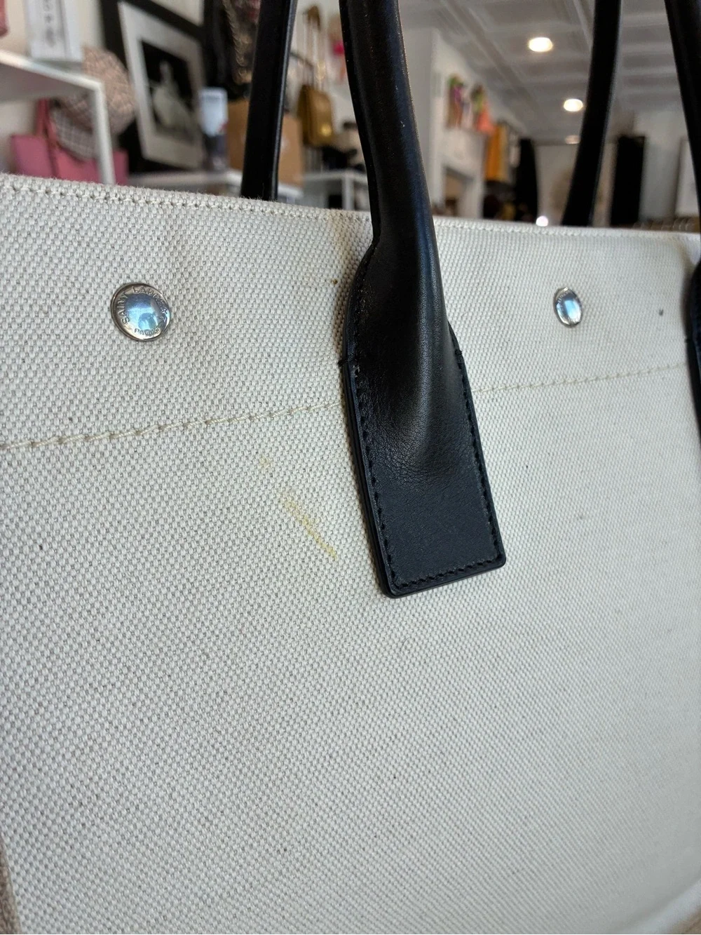 Saint Laurent Rive Gauche Canvas Tote in Ivory with Black Handles